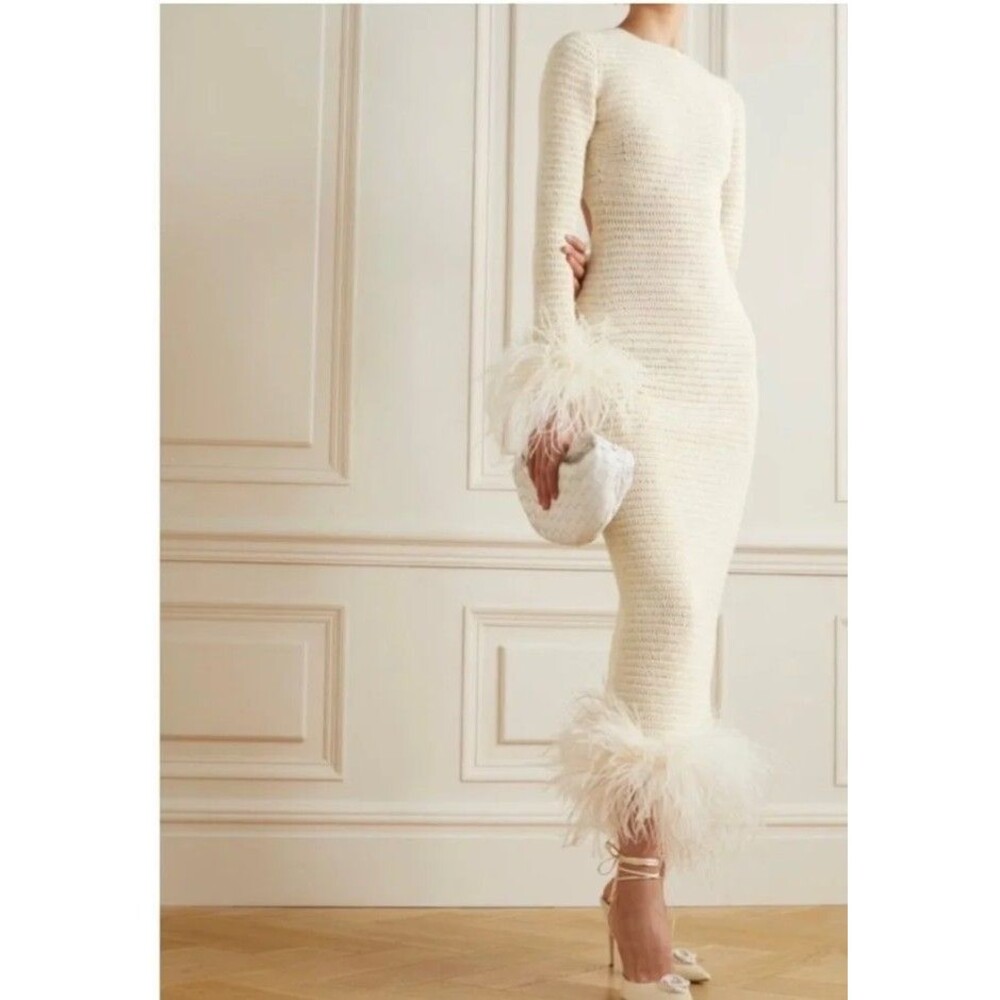 Torn By Ronny Kobo Knit Serenity Dress With Feather Trim Organic Size XS